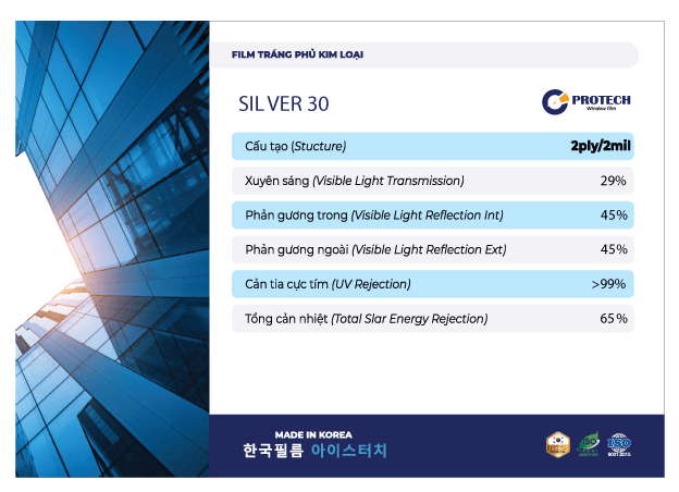 thông số kỹ thuật phim cách nhiệt Protech Silver 30